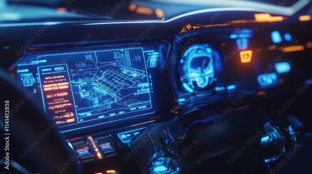 Futuristic vehicle dashboard with glowing interface and navigation maps. Futuristic vehicle dashboard with glowing interface and navigation maps.