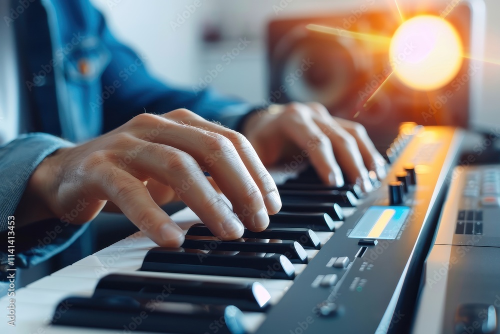 A close-up of hands playing a keyboard, with warm lighting and music equipment in the background, creating a vibrant musical atmosphere. A close-up of hands playing a keyboard, with warm lighting and music equipment in the background, creating a vibrant musical atmosphere.