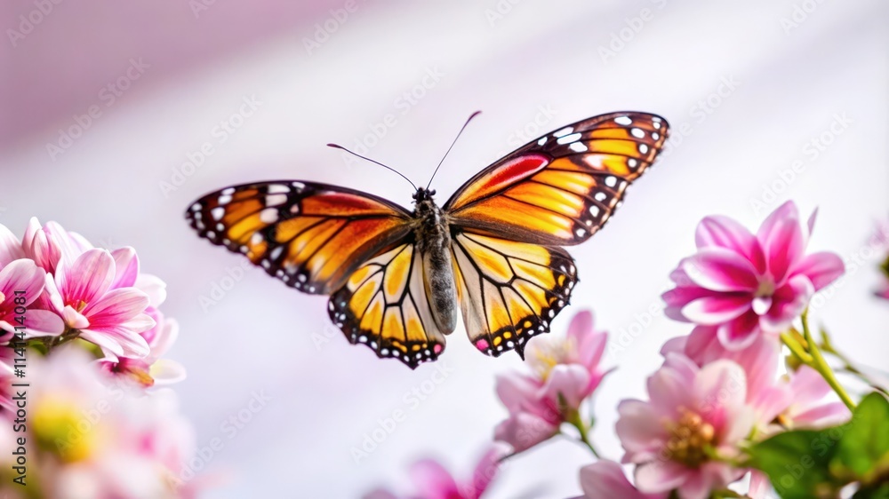 Fototapeta premium Monarch Butterfly in Flight with Pink Flowers