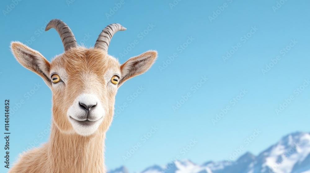 Obraz premium A cheerful goat against a clear blue sky and mountain backdrop.