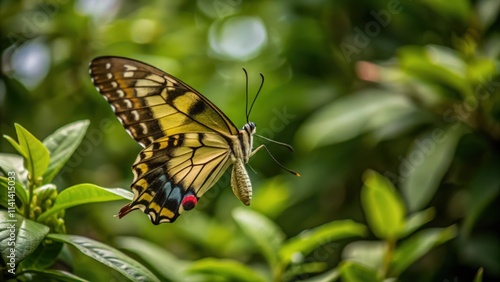 A Yellow and Black Butterfly Perched on Green Foliage photo