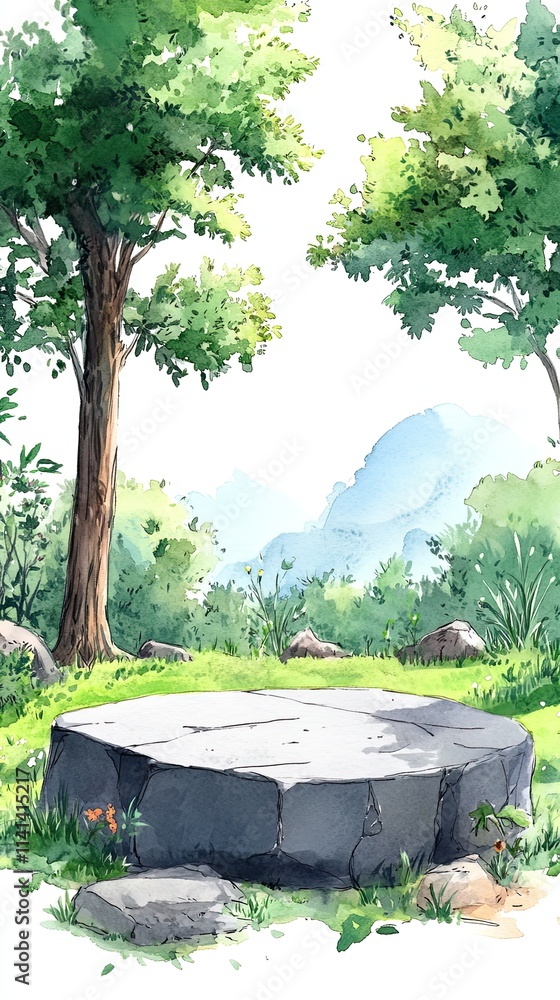 A large, flat, gray stone sits on a grassy hill in front of a forest and mountains. A large, flat, gray stone sits on a grassy hill in front of a forest and mountains.