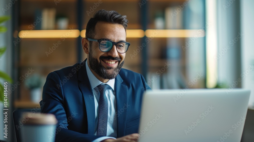 A smiling businessman in a suit uses a laptop in a modern office, exuding professionalism and confidence. A smiling businessman in a suit uses a laptop in a modern office, exuding professionalism and confidence.