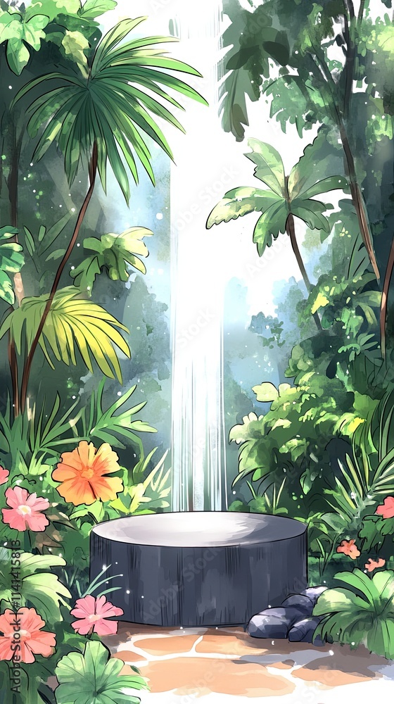 A lush tropical jungle scene with a stone pedestal in the foreground and a bright light shining through the trees. A lush tropical jungle scene with a stone pedestal in the foreground and a bright light shining through the trees.