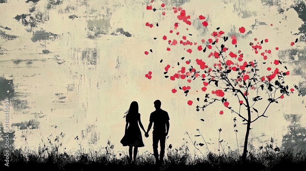 couple walking hand in hand through a blooming garden at sunset: a perfect poster for romantic home décor or a serene sports lounge ambiance couple walking hand in hand through a blooming garden at sunset: a perfect poster for romantic home décor or a serene sports lounge ambiance