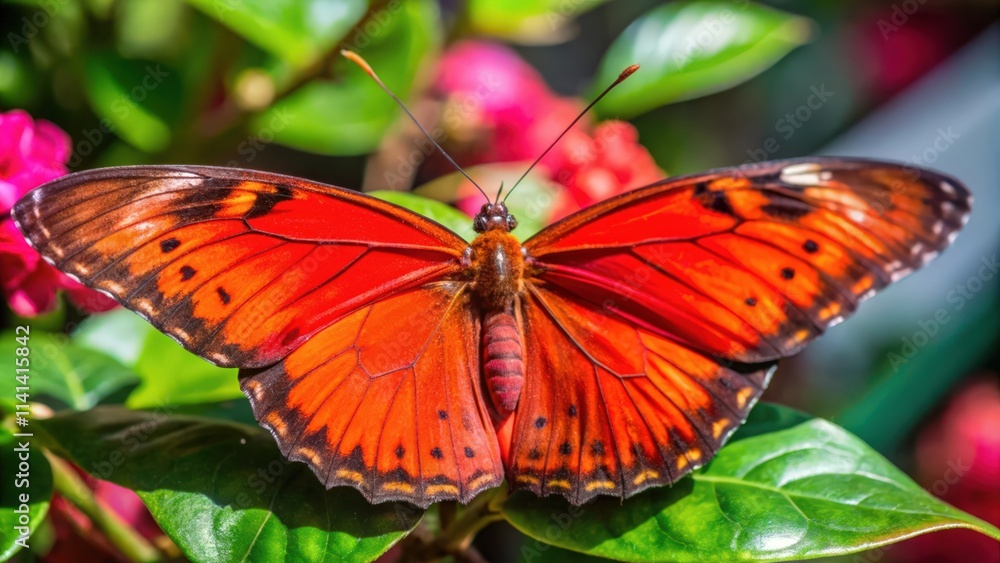 Vibrant Red Butterfly with Black and Orange Markings Resting on Green Leaves Vibrant Red Butterfly with Black and Orange Markings Resting on Green Leaves