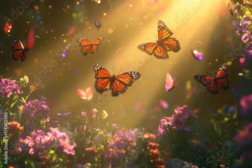 Monarch butterflies flutter amidst vibrant flowers, bathed in golden sunlight. Perfect for illustrating themes of nature, beauty, and spring. photo