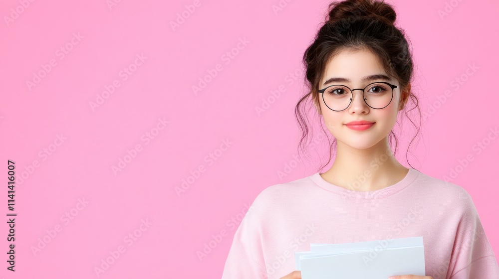 Young woman holding papers against a pink background. Young woman holding papers against a pink background.