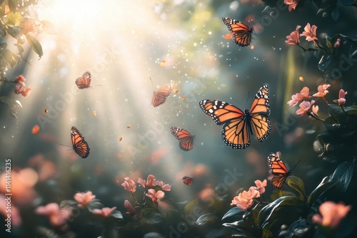 Monarch butterflies flutter amidst sunlit flowers. Perfect for spring, nature, or tranquility themes.