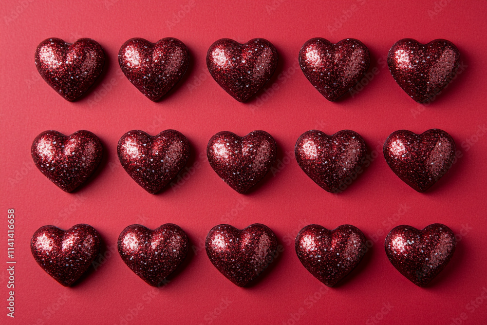 Decorative red glitter hearts arranged symmetrically for Valentine's Day celebration Decorative red glitter hearts arranged symmetrically for Valentine's Day celebration