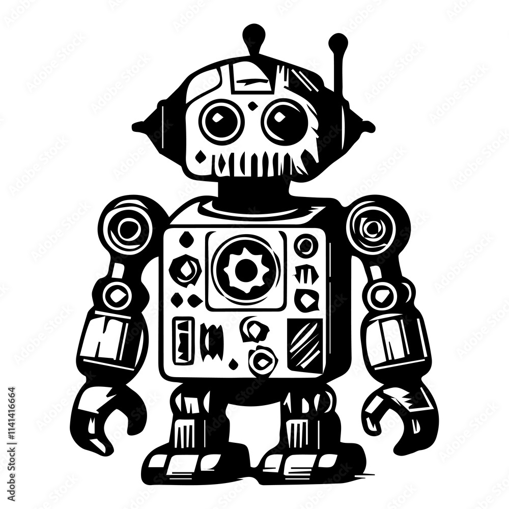 Robot Icon Hand drawn illustration black and white Robot Icon Hand drawn illustration black and white