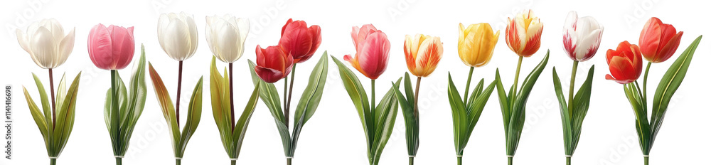 colorful tulips with green leaves on transparent background colorful tulips with green leaves on transparent background