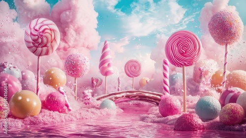 Whimsical candy wonderland fantasy land digital art dreamy environment wide angle imagination