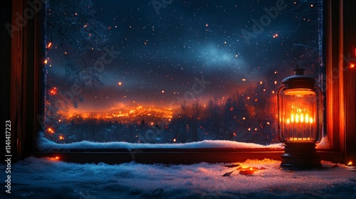 A Peaceful Night Display featuring a menorah casting its light through a frosted window, with a serene snowy backdrop and sparkling stars above. photo