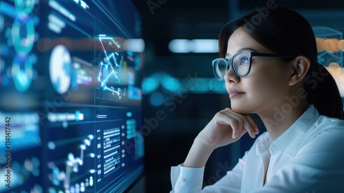 A focused woman analyzes data on a futuristic screen, showcasing technology's impact on decision-making in a modern workspace.