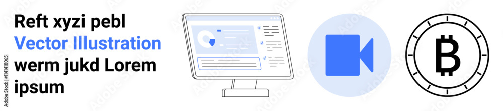 Computer screen displaying data, blue video call icon, Bitcoin coin illustration, and placeholder text. Ideal for technology, cryptocurrency, digital communication, video conferencing, data analysis Computer screen displaying data, blue video call icon, Bitcoin coin illustration, and placeholder text. Ideal for technology, cryptocurrency, digital communication, video conferencing, data analysis