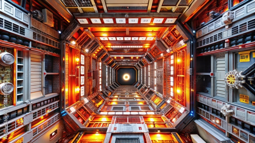 A Look Upward Inside a Futuristic Building with Many Windows and Lights A Look Upward Inside a Futuristic Building with Many Windows and Lights