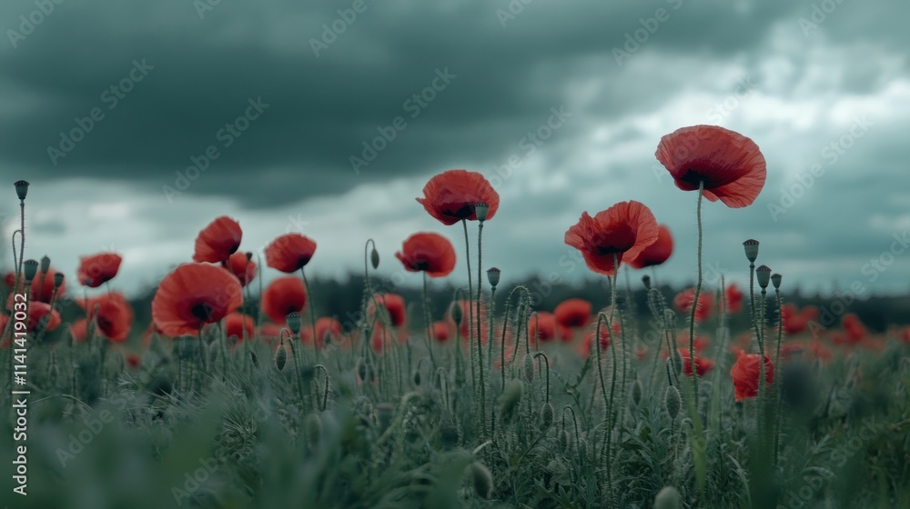 Fototapeta premium Poppy Field Under a Cloudy Sky