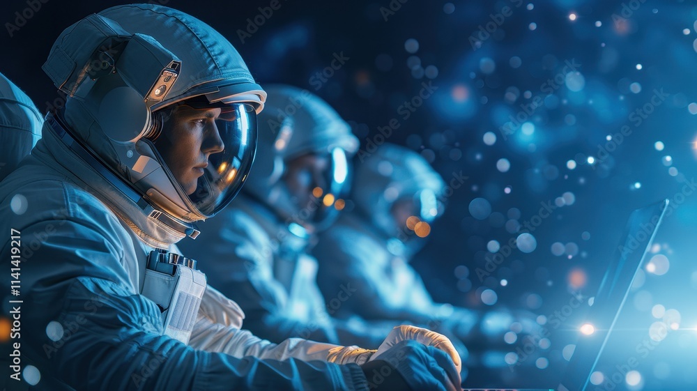 Astronauts in space operate laptops, surrounded by a cosmic blue ambiance, showcasing a blend of technology and exploration. Astronauts in space operate laptops, surrounded by a cosmic blue ambiance, showcasing a blend of technology and exploration.