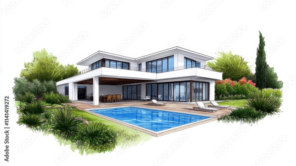 Modern villa with pool backyard oasis residential architecture sunny environment aerial view contemporary design Modern villa with pool backyard oasis residential architecture sunny environment aerial view contemporary design