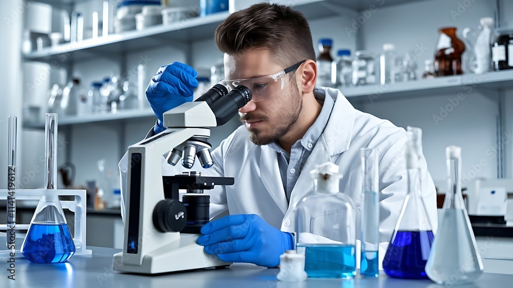 3d Scientist conducting experiment with microscope and flasks. Chemical research, laboratory analysis, scientific discovery, innovation in healthcare and medicine 3d Scientist conducting experiment with microscope and flasks. Chemical research, laboratory analysis, scientific discovery, innovation in healthcare and medicine