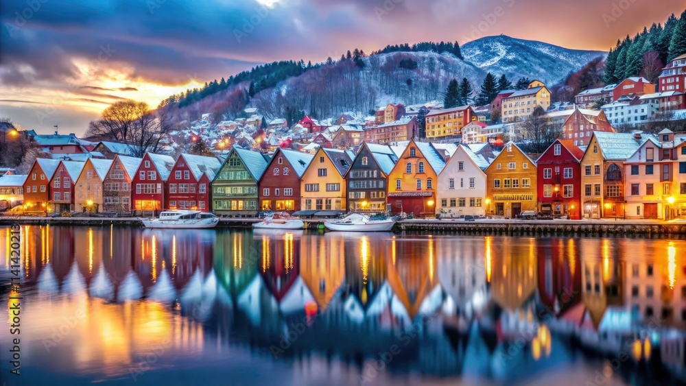 Obraz premium Bergen Waterfront Cityscape: Colorful Bryggen Houses in Winter Snow, Low Light Photography of Picturesque Wharf