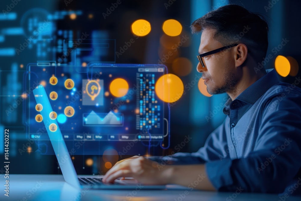 A focused professional analyzes data on a laptop, surrounded by digital graphs and visualizations in a modern workspace. A focused professional analyzes data on a laptop, surrounded by digital graphs and visualizations in a modern workspace.