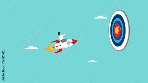 successful businesswoman flying on rocket going up to target illustration suitable to describe about business growth, financial growth, new business or start up, business achievement or target