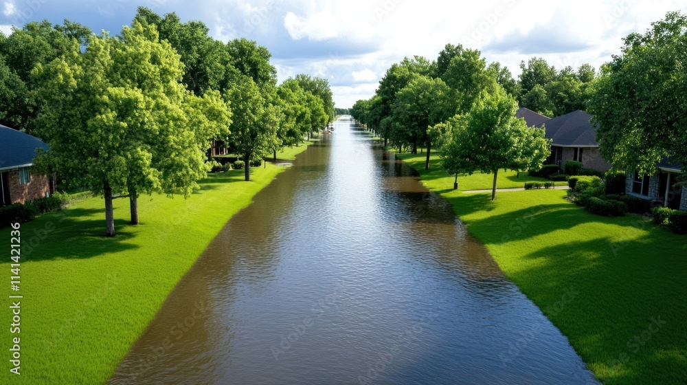 A flooded residential area with trees and a calm waterway. A flooded residential area with trees and a calm waterway.