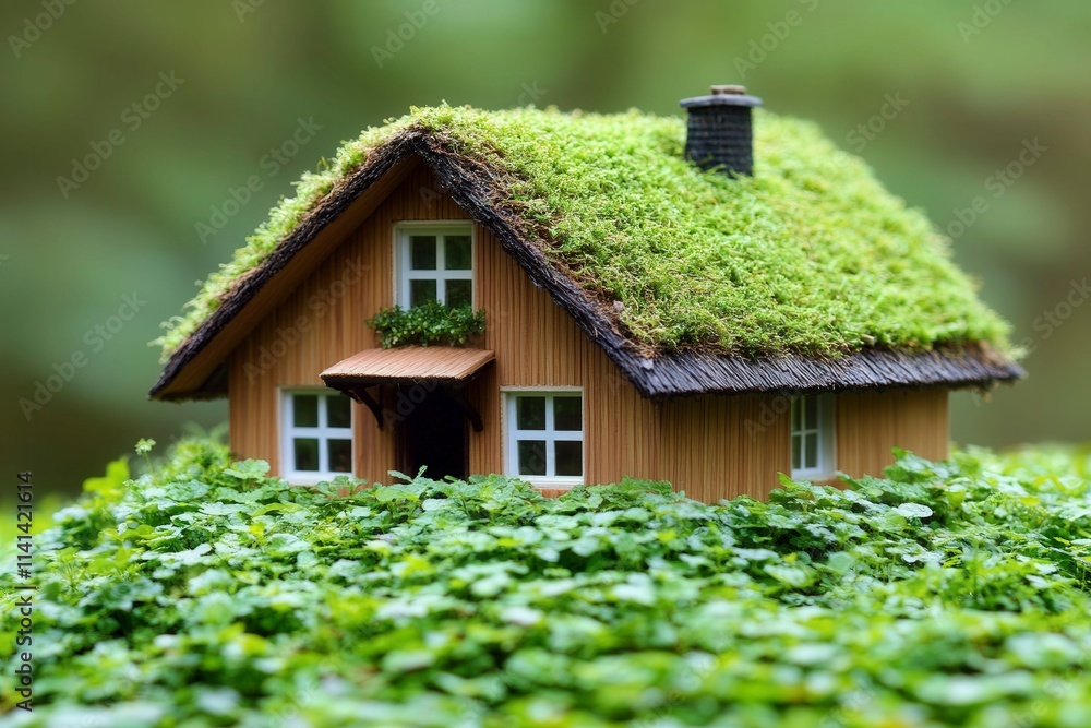 Miniature house with green moss on roof and plants