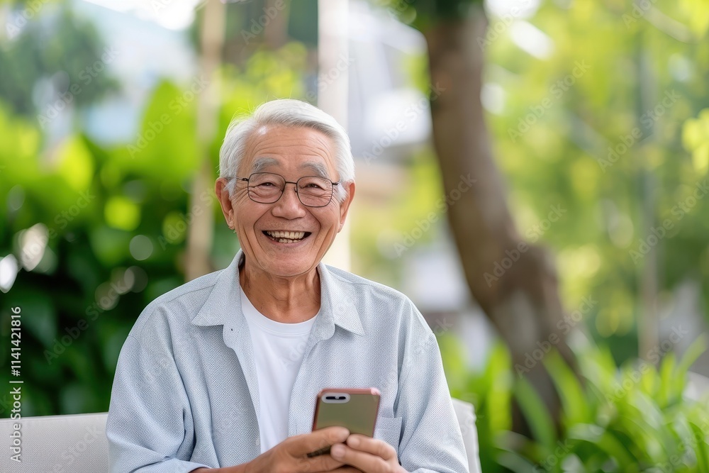 A smiling elderly man sitting outdoors with a smartphone, surrounded by greenery, portraying a joyful and connected lifestyle. A smiling elderly man sitting outdoors with a smartphone, surrounded by greenery, portraying a joyful and connected lifestyle.