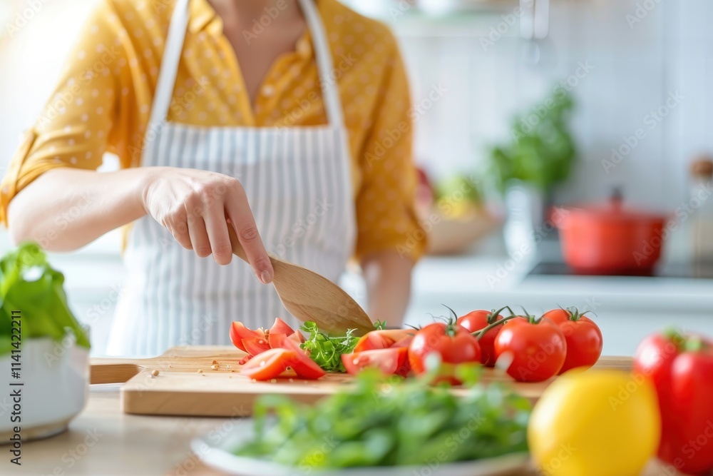 A person in an apron slices fresh tomatoes on a wooden board in a bright kitchen filled with herbs and colorful ingredients. A person in an apron slices fresh tomatoes on a wooden board in a bright kitchen filled with herbs and colorful ingredients.