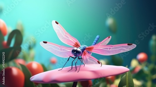 Cute cawaii Cartoon 3d Dragonfly Banner with Space for Copy 3d render illustration.  photo