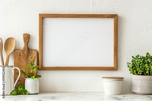 Rustic kitchen mockup with wooden frame, utensils, and plants.