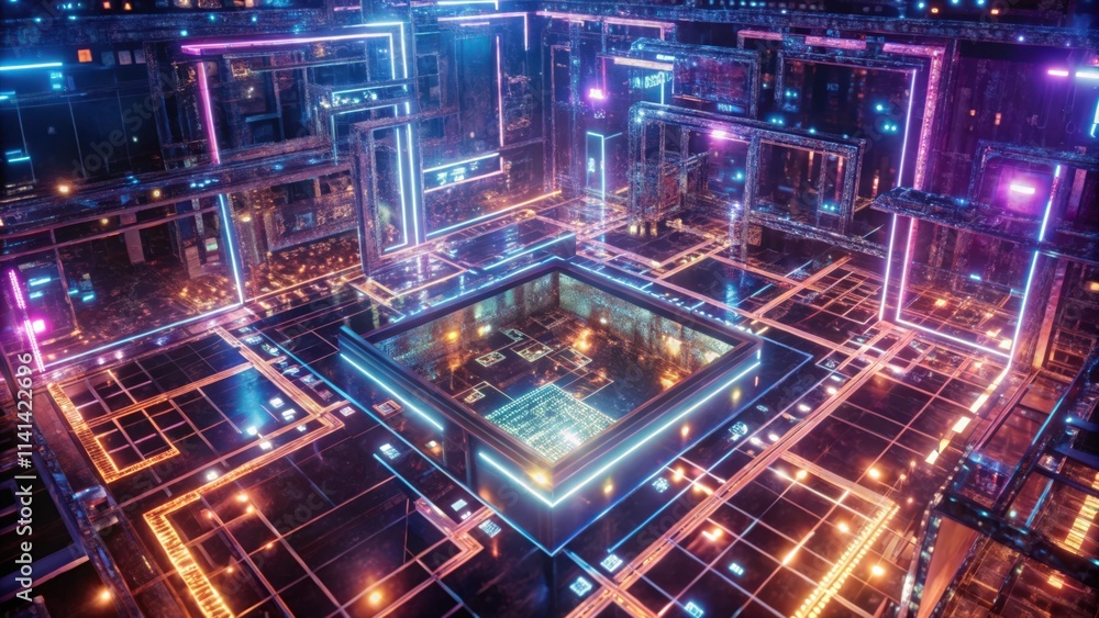 Obraz premium Abstract Neon Lights and Geometric Shapes in a Digital Space