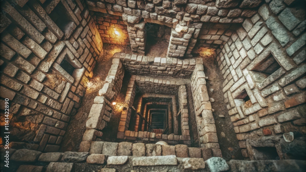 Looking Down into an Ancient Stone Structure with a Spiral Staircase Looking Down into an Ancient Stone Structure with a Spiral Staircase