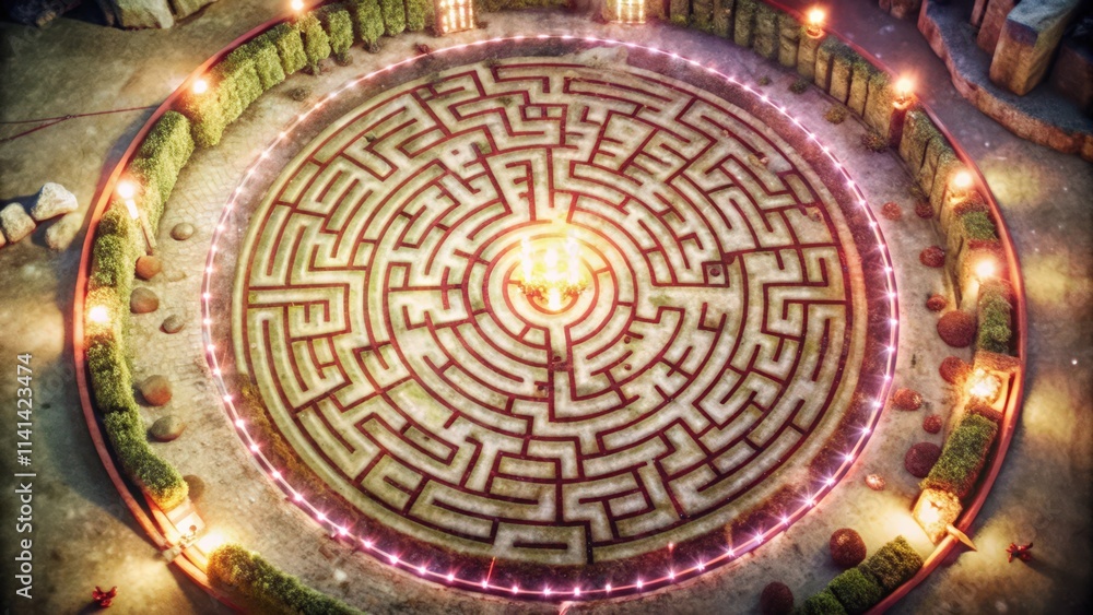 Fototapeta premium Aerial View of a Circular Maze Illuminated by Lights