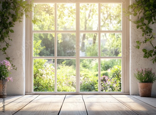 Sunny garden view through a large window with wooden floor.