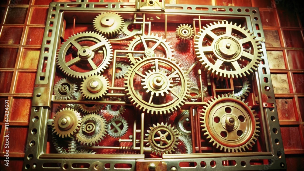 Close-up of Interlocking Cogs in a Metal Frame Close-up of Interlocking Cogs in a Metal Frame