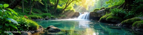 Shimmering water features in the heart of the forest, Tranquil, Nature