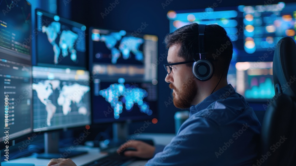 A focused individual wearing headphones works at multiple screens displaying data and world maps in a dimly lit environment. A focused individual wearing headphones works at multiple screens displaying data and world maps in a dimly lit environment.