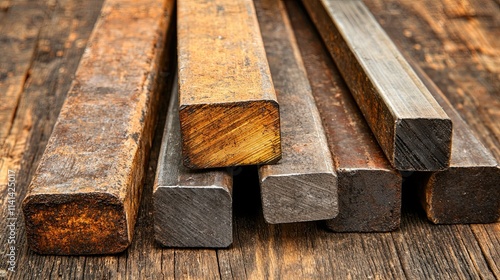 A close-up of stacked wooden planks showcasing various textures and colors, set against a rustic wooden background.