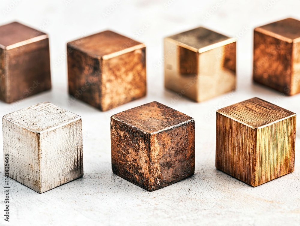 A close-up of metallic cubes in various finishes, showcasing their textures and colors against a neutral background. A close-up of metallic cubes in various finishes, showcasing their textures and colors against a neutral background.