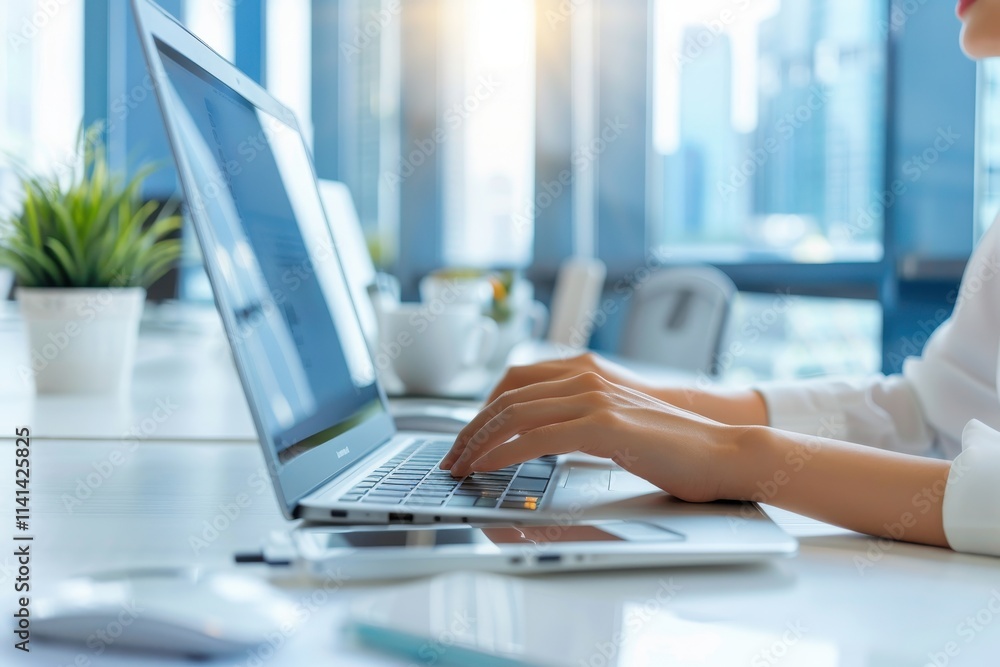 Fototapeta premium A person types on a laptop in a bright, modern office with city views and greenery, emphasizing productivity and a professional environment.