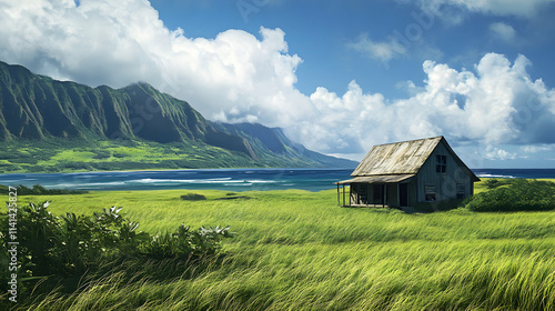 Rustic Cabin on Grassy Field Near Ocean and Mountains