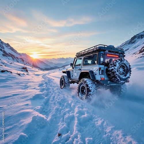 A 4WD car on snow at sunrise captures adventure, resilience, and the beauty of winter landscapes, highlighting the thrill of off-road driving in icy conditions.