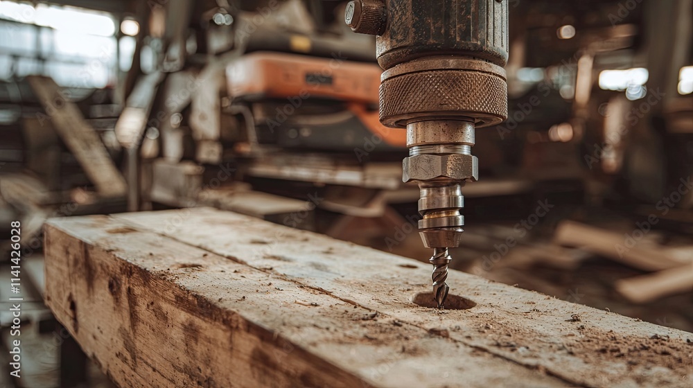 A close-up of a drill bit penetrating a wooden plank, highlighting woodworking tools and machinery in a workshop setting. A close-up of a drill bit penetrating a wooden plank, highlighting woodworking tools and machinery in a workshop setting.