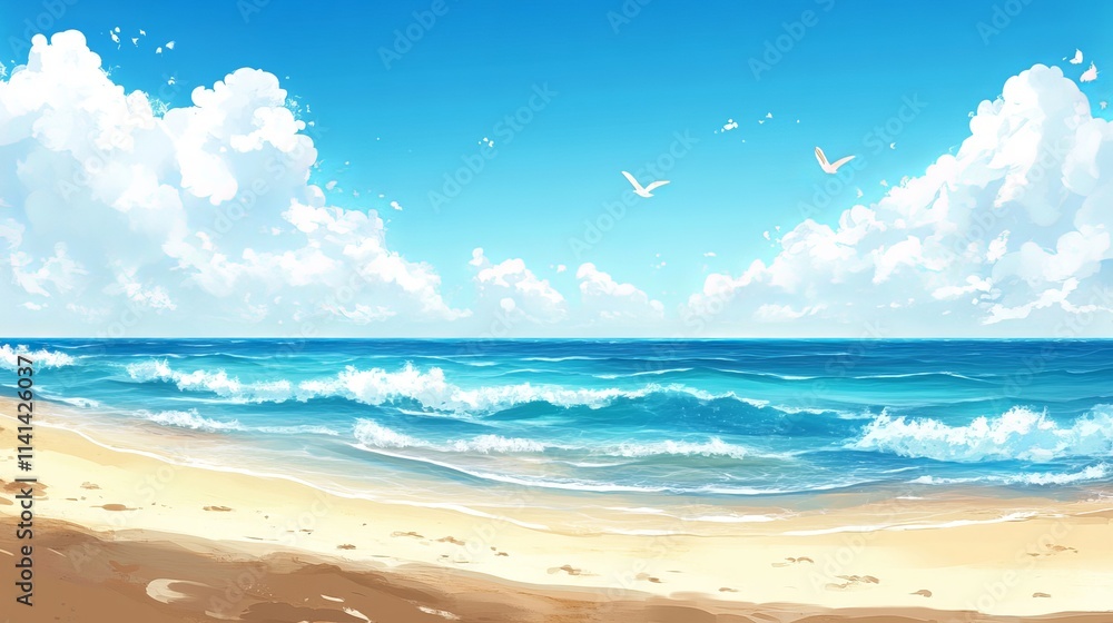 Obraz premium Tranquil beach scene with soft sand, calm sea, and clear blue sk
