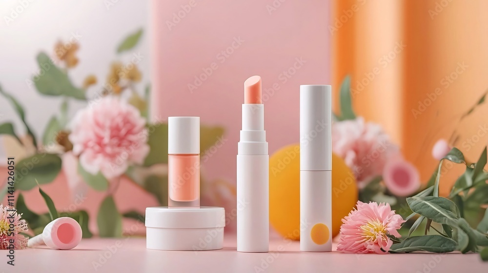 A clean minimalist composition featuring a group of elegant lip balm sticks with sleek modern packaging displayed on a soft pastel colored backdrop A clean minimalist composition featuring a group of elegant lip balm sticks with sleek modern packaging displayed on a soft pastel colored backdrop