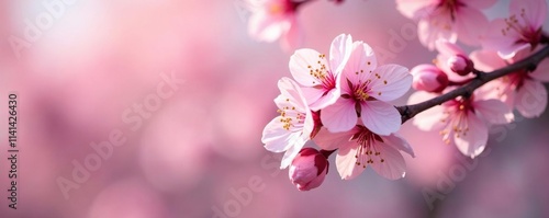 Soft pink petals unfurl on branches, delicate blooms sway in gentle spring breeze, spring flowers, blossoming trees, pink cherry blossoms